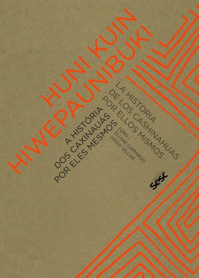Capa de livro castanha com texto e padrões laranja