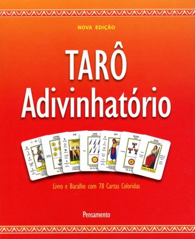 Capa vermelha de tarô adivinhatório com cartas coloridas e texto em branco e amarelo