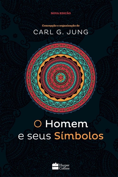 Capa de livro com título O Homem e seus Símbolos de Carl G. Jung em fundo preto com mandala colorida