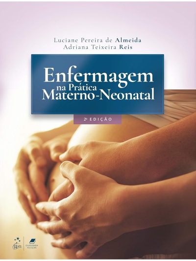 Capa de livro sobre enfermagem materno-neonatal com fotografia de mãos em barrigas de grávidas.