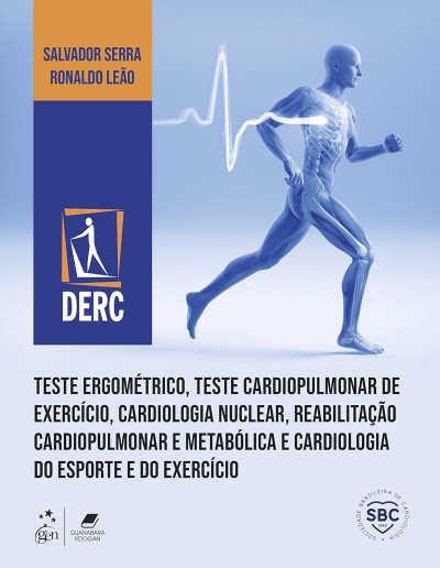 Capa de livro com corpo humano em movimento e textos sobre cardiologia e testes cardiopulmonares