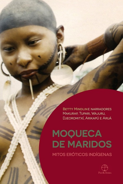 Capa de livro MOQUECA DE MARIDOS com mulher indígena tatuada e texto em vermelho e verde
