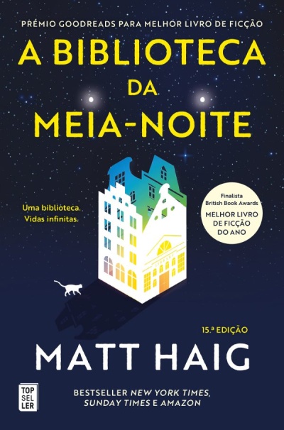 Capa do livro A Biblioteca da Meia-Noite com fundo azul estrelado e ilustração de prédio