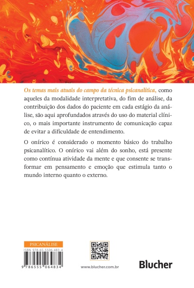 Contracapa de livro com design abstrato vermelho, laranja e azul e texto em português sobre psicanálise