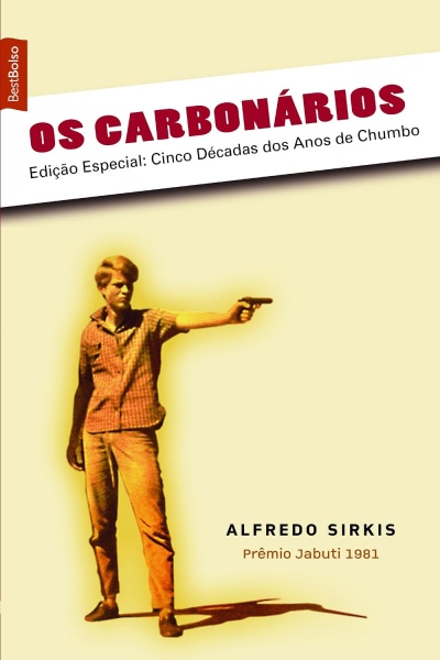 Capa do livro Os Carbonários com homem armado e texto editorial