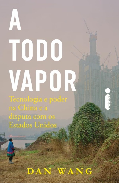 Capa de livro A TODO VAPOR com imagem de pessoa e construção em fundo