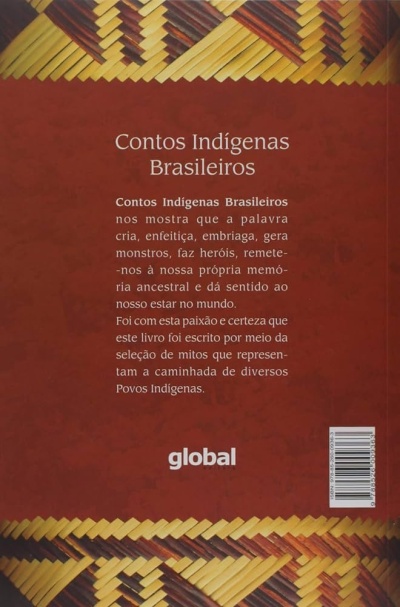 Capa traseira de livro com padrão indígena e texto Contos Indígenas Brasileiros
