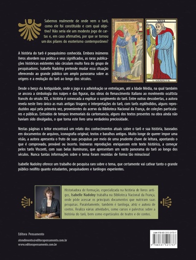 Contracapa de livro com texto explicativo sobre tarô, duas cartas de tarô antigas e foto da autora Isabelle Nadolny