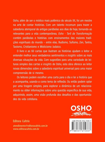 Contracapa do produto Osho - Tarô da Transformação em fundo vermelho com texto e código de barras.