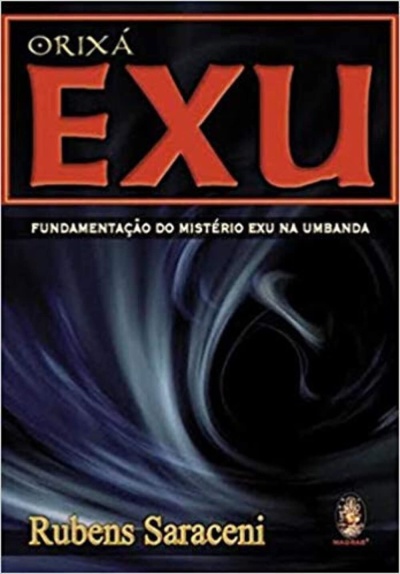 Capa de livro abstrata azul e negro com texto sobre Orixá Exu