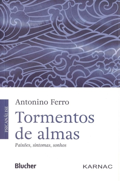 Capa de livro Tormentos de almas de Antonino Ferro com padrão azul ornamental