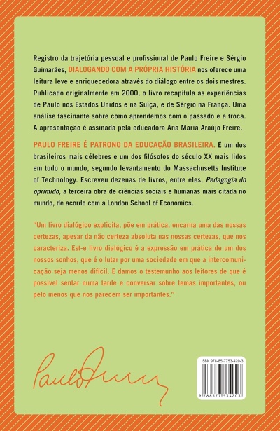 Contracapa de livro verde com texto preto e laranja, bordas laranja com riscas brancas, assinatura laranja e código de barras.