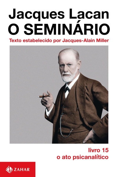 Capa de livro Jacques Lacan O SEMINÁRIO com imagem de homem de casaco castanho a segurar charuto e texto em preto e vermelho