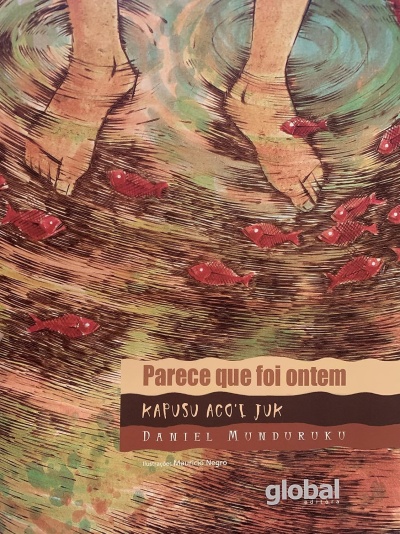 Capa de livro com pés em água e peixes vermelhos, texto do título e autor.