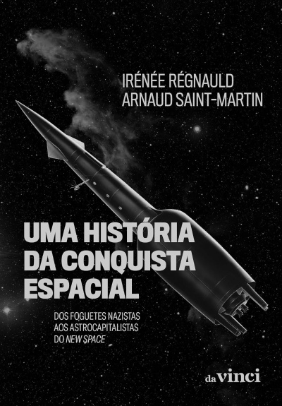 Capa de livro com imagem de foguetão preto no espaço e texto em branco