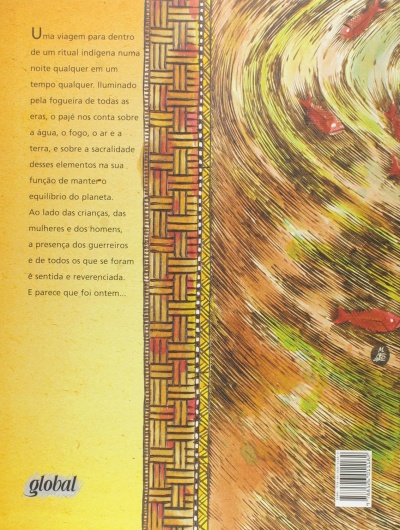 Contracapa de livro com texto, padrão geométrico lateral e ilustração de peixes na água