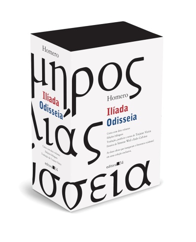 Caixa branca com texto em preto, vermelho e azul dos livros Ilíada e Odisseia de Homero