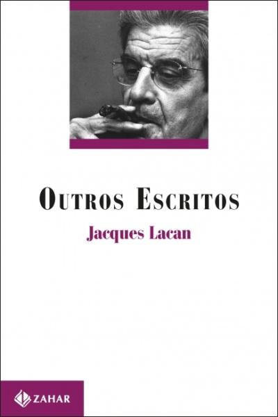 Capa do livro Outros Escritos de Jacques Lacan com fotografia a preto e branco e detalhes em roxo