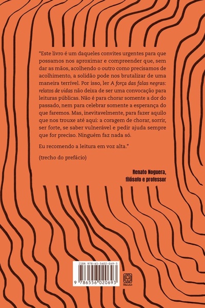Capa traseira de livro laranja com texto em português e linhas pretas onduladas