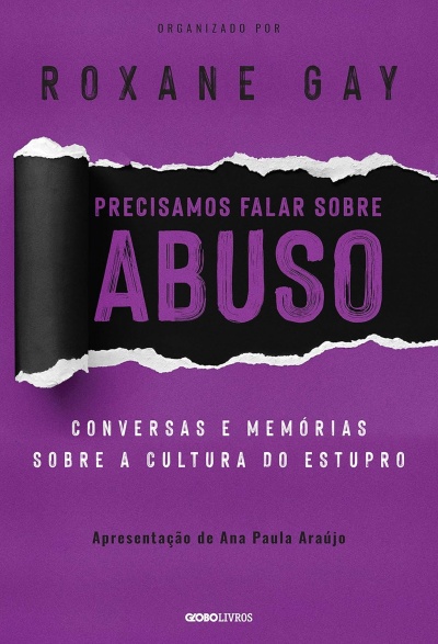 Capa de livro Roxane Gay Precisamos falar sobre abuso com fundo roxo e faixa preta rasgada.