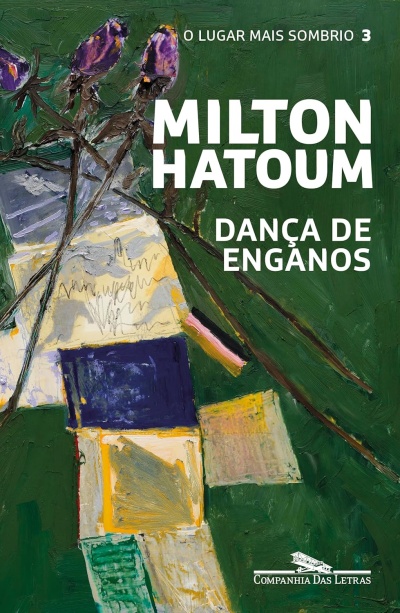 Capa de livro com fundo verde, texto em branco e pintura abstrata com flores roxas.