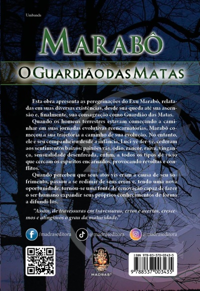 Contracapa do livro Marabó O Guardião das Matas com texto e fundo árvores ao entardecer