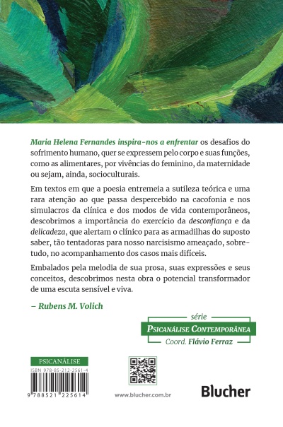 Contracapa de livro com pintura abstrata verde e azul, texto em português, selo PSICANÁLISE, código de barras, QR code e logo Blucher