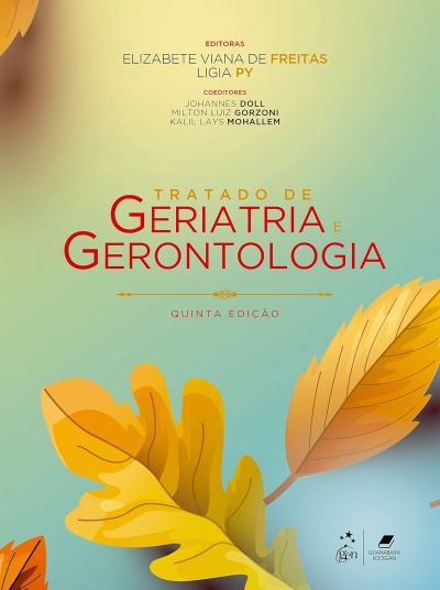 Capa de livro Tratado de Geriatria e Gerontologia com folhas amarelas e texto em vermelho e amarelo