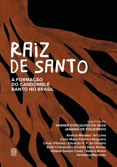 Capa de livro preto e castanho com texto branco sobre Raíz de Santo.