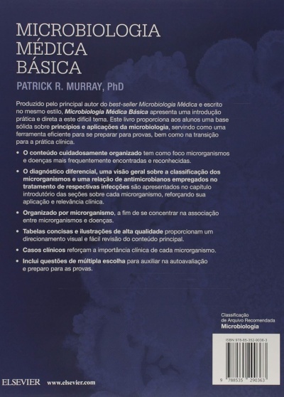 Contracapa do livro Microbiologia Médica Básica com texto descritivo em fundo azul escuro