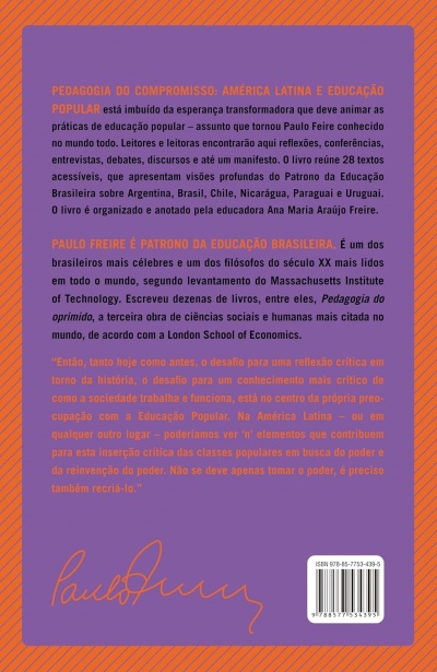 Verso de livro roxo com texto laranja e preto, assinatura e código de barras.