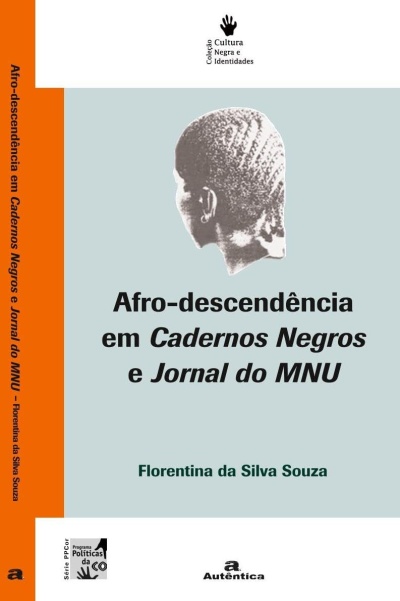 Capa de livro Afro-descendência em Cadernos Negros e Jornal do MNU com imagem de cabeça negra de perfil