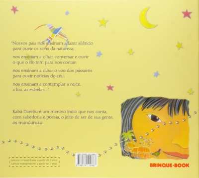 Capa traseira de livro infantil amarelo com texto e ilustrações coloridas