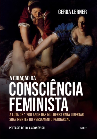 Capa de livro com pintura clássica e texto sobre consciência feminista.