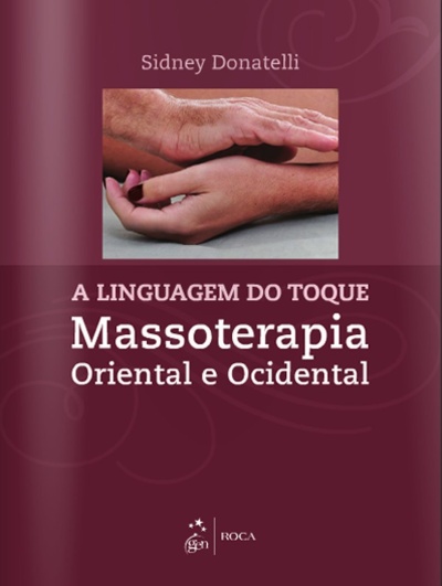 Capa de livro sobre massoterapia com mãos em toque sobre fundo bordeaux