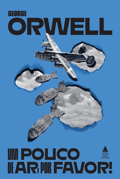 Capa azul de livro com avião e bombas com textura de peixe e texto em preto.