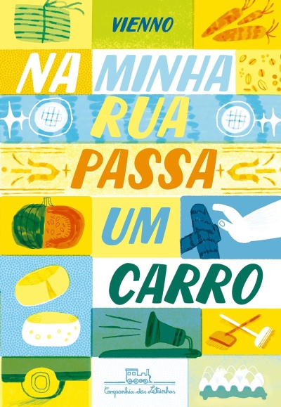Imagem gráfica com texto e desenhos de legumes, ferramentas e carro