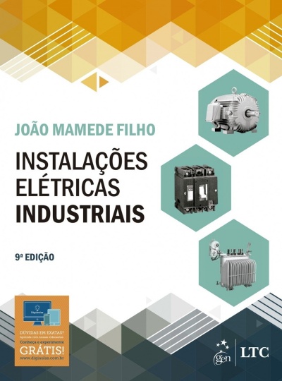 Capa de livro sobre instalações elétricas industriais com imagens de componentes elétricos