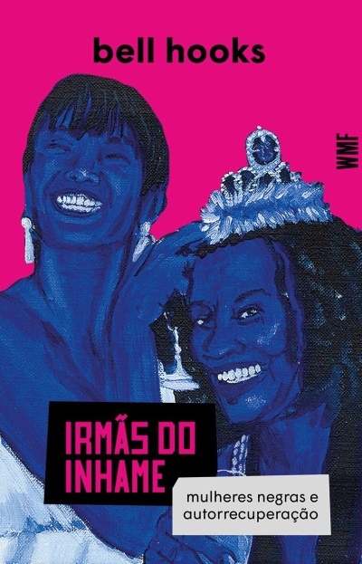 Capa de livro rosa com ilustração azul de duas mulheres sorridentes e texto em português