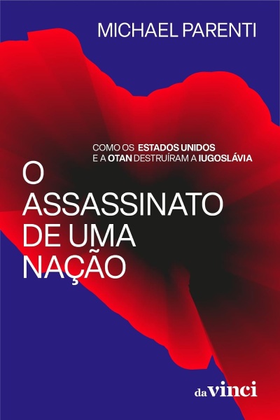 Capa de livro com fundo azul, mancha vermelha e texto branco