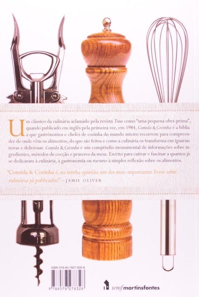 Utensílios de cozinha metálicos e de madeira com texto em português e código de barras.