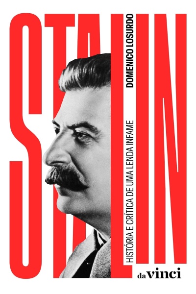Capa de livro com foto preta e branca de perfil de homem e texto STALIN em vermelho