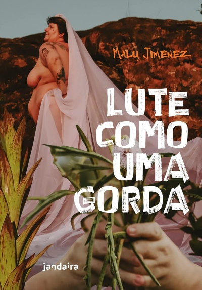 Capa de livro com uma pessoa nua com tecido branco e plantas em frente
