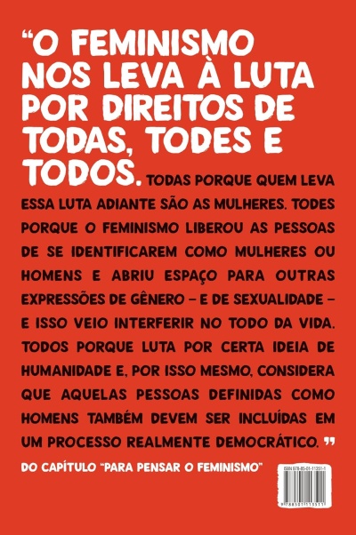 Capa traseira de livro vermelha com texto sobre feminismo em branco e preto e código de barras.