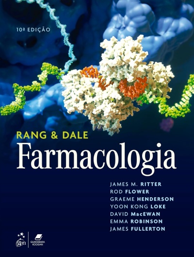 Capa de livro de farmacologia com modelo molecular colorido e texto de título e autores
