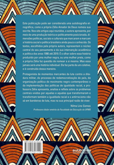 Capa traseira de livro com padrão geométrico colorido e texto explicativo