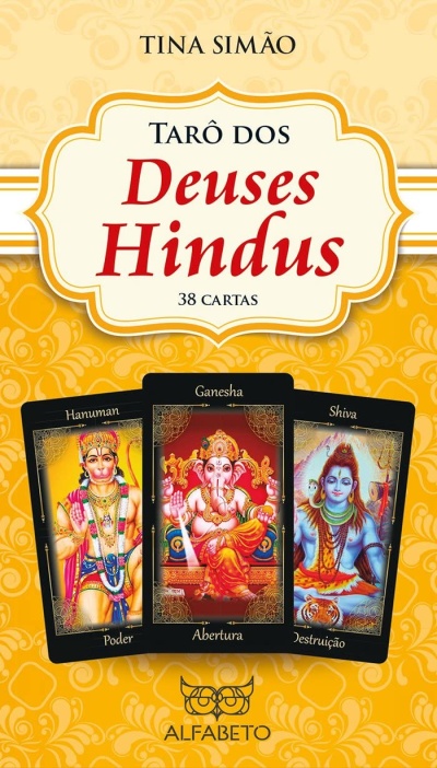 Caixa de Tarô dos Deuses Hindus com cartas visíveis de Hanuman, Ganesha e Shiva.