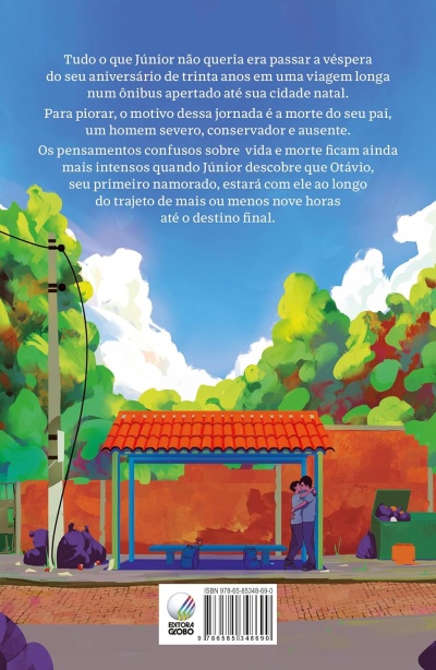 Paragem de autocarro com duas pessoas abraçadas e texto em português ao fundo