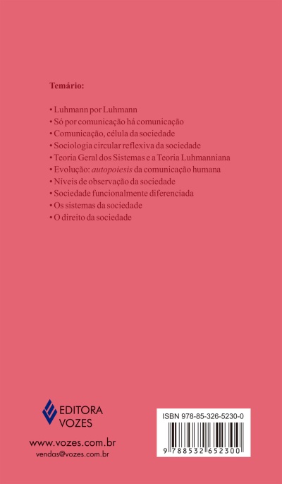 Capa traseira de livro cor-de-rosa com texto em português, código de barras e logotipo da Editora Vozes.