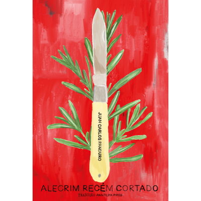 Capa de livro vermelha com faca e ramo de alecrim e texto com nome do autor e título do livro